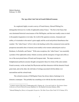 Malick Ghachem February 14, 2004 the Age of the Code Noir in French