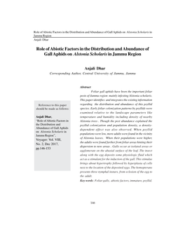 Role of Abiotic Factors in the Distribution and Abundance of Gall Aphids on Alstonia Scholaris in Jammu Region Anjali Dhar