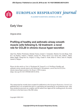 Profiling of Healthy and Asthmatic Airway Smooth Muscle Cells Following IL-1Β Treatment: a Novel Role for CCL20 in Chronic Mucus Hyper-Secretion