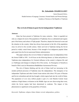 The Revival of Islam in Post-Soviet Independent Tajikistan