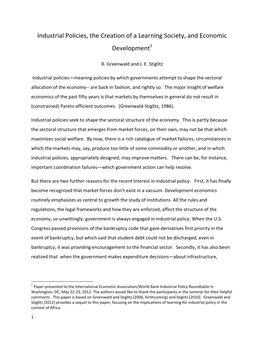 Industrial Policies, the Creation of a Learning Society, and Economic Development1