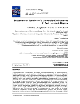 Subterranean Termites of a University Environment in Port Harcourt, Nigeria