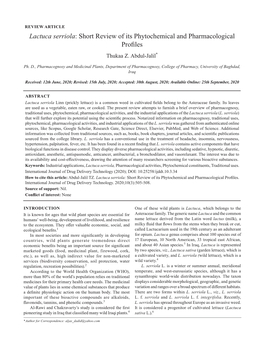 Lactuca Serriola: Short Review of Its Phytochemical and Pharmacological Profiles Thukaa Z