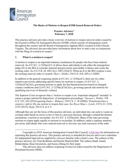 The Basics of Motions to Reopen EOIR-Issued Removal Orders