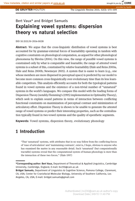 Explaining Vowel Systems: Dispersion Theory Vs Natural Selection