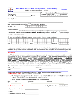 Internet Banking Request Form for Transaction Password