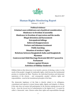 Human Rights Monitoring Report February 1 – 28, 2017