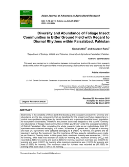 Diversity and Abundance of Foliage Insect Communities in Bitter Ground Field with Regard to Diurnal Rhythms Within Faisalabad, Pakistan