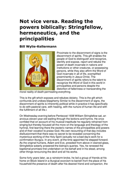 Not Vice Versa. Reading the Powers Biblically: Stringfellow, Hermeneutics, and the Principalities