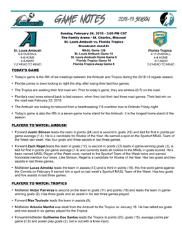 St. Louis Ambush Florida Tropics TODAY's GAME • Today's Game Is