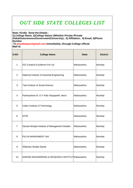 Out Side State Colleges List