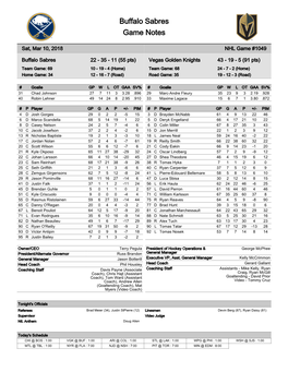 Buffalo Sabres Game Notes