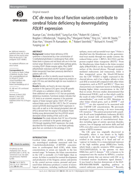 CIC De Novo Loss of Function Variants Contribute to Cerebral Folate Deficiency by Downregulating FOLR1 Expression Xuanye Cao,1 Annika Wolf,2 Sung-­Eun Kim,3 Robert M