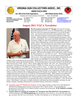 VIRGINIA GUN COLLECTORS ASSOC., INC. August 2011 VGCA