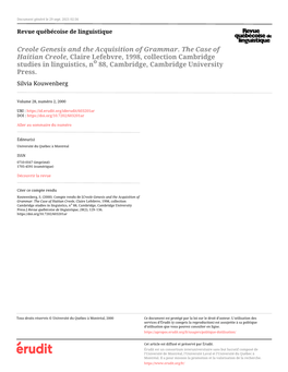 Creole Genesis and the Acquisition of Grammar. the Case of Haitian Creole, Claire Lefebvre, 1998, Collection Cambridge Studies I