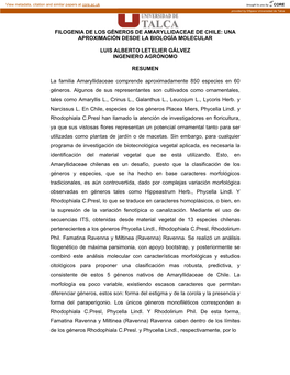 Filogenia De Los Géneros De Amaryllidaceae De Chile: Una Aproximación Desde La Biología Molecular