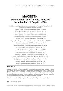 MACBETH: Development of a Training Game for the Mitigation of Cognitive Bias