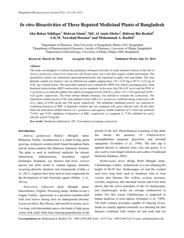 In Vitro Bioactivities of Three Reputed Medicinal Plants of Bangladesh