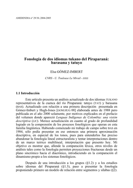 Fonología De Dos Idiomas Tukano Del Piraparaná: Barasana Y Tatuyo