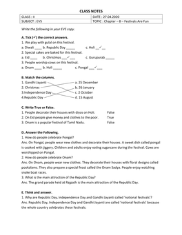 CLASS NOTES CLASS : II DATE : 27.04.2020 SUBJECT : EVS TOPIC : Chapter – 8 – Festivals Are Fun