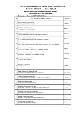 Test Date:- 27/3/2017 Time:- 9:00 AM Venue:- Municipal Degree College for Women, Hashtnagri, G.T.Road, Peshawar