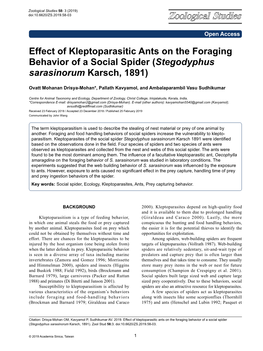 Effect of Kleptoparasitic Ants on the Foraging Behavior of a Social Spider (Stegodyphus Sarasinorum Karsch, 1891)