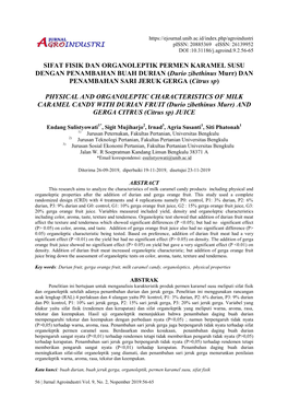 SIFAT FISIK DAN ORGANOLEPTIK PERMEN KARAMEL SUSU DENGAN PENAMBAHAN BUAH DURIAN (Durio Zibethinus Murr) DAN PENAMBAHAN SARI JERUK GERGA (Citrus Sp)