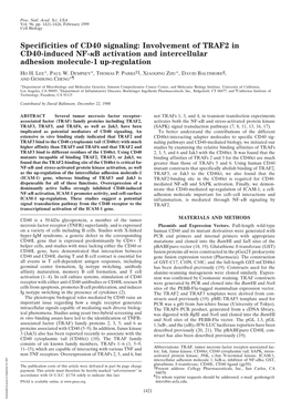 Specificities of CD40 Signaling: Involvement of TRAF2 in CD40-Induced NF-␬B Activation and Intercellular Adhesion Molecule-1 Up-Regulation