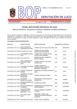 EXCMA. DEPUTACIÓN PROVINCIAL DE LUGO ÁREA DE DEPORTES, ARTESANÍA E DESEÑO E MEMORIA HISTÓRICA (DEPORTES) Anuncio