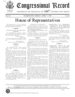 Congressional Record United States Th of America PROCEEDINGS and DEBATES of the 104 CONGRESS, FIRST SESSION