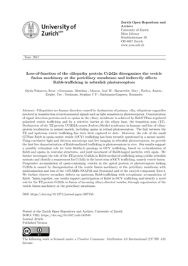 Loss-Of-Function of the Ciliopathy Protein Cc2d2a Disorganizes The