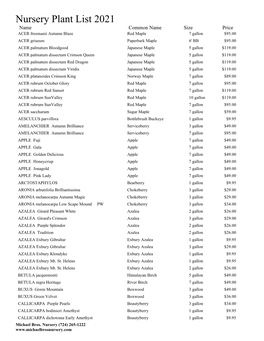 Nursery Plant List 2021