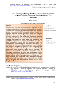 The Challenges Facing the Management of Immigration in Tanzania and Zambia: a Case of Tunduma and Nakonde