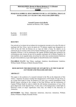 Pesquisas Sobre El Descubrimiento De La Antártida: Tras Las Estelas Del San Telmo Y Del Williams (1819-1821)