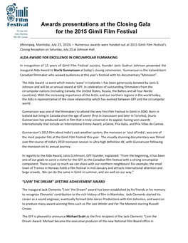 Awards Presentations at the Closing Gala for the 2015 Gimli Film Festival