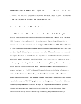 GHAREHGOZLOU, BAHAREH, Ph.D., August 2018 TRANSLATION STUDIES