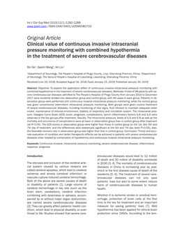 Original Article Clinical Value of Continuous Invasive Intracranial Pressure Monitoring with Combined Hypothermia in the Treatment of Severe Cerebrovascular Diseases