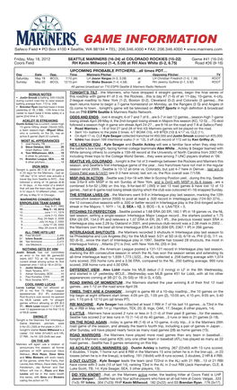 Mariners Game Notes • FRIDAY • MAY 18, 2012 • at COLORADO ROCKIES • Page 2