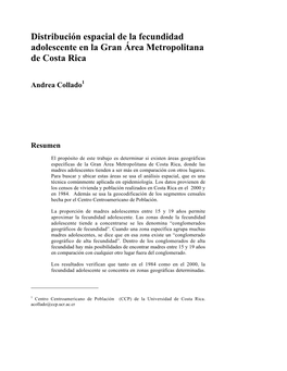 Distribución Espacial De La Fecundidad Adolescente En La Gran Área Metropolitana De Costa Rica