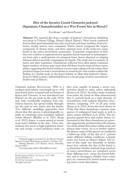 Diet of the Invasive Lizard Chamaeleo Jacksonii (Squamata: Chamaeleonidae) at a Wet-Forest Site in Hawai‘I1