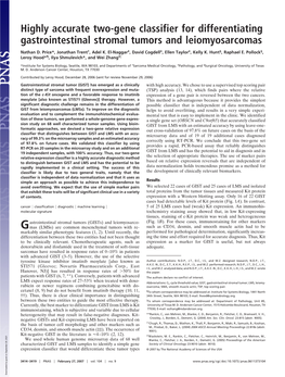 Highly Accurate Two-Gene Classifier for Differentiating Gastrointestinal Stromal Tumors and Leiomyosarcomas