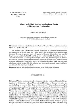 Lichens and Allied Fungi of Two Regional Parks in Vilnius Area (Lithuania)