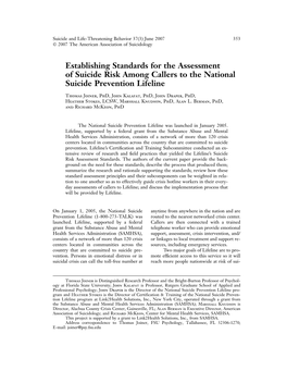 Establishing Standards for the Assessment of Suicide Risk Among Callers to the National Suicide Prevention Lifeline