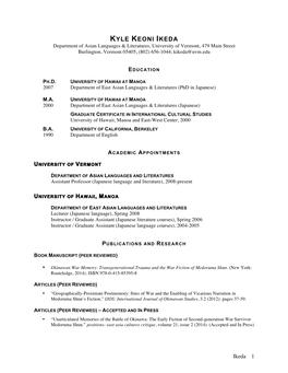 KYLE KEONI IKEDA Department of Asian Languages & Literatures, University of Vermont, 479 Main Street Burlington, Vermont 05405, (802) 656-1044; Kikeda@Uvm.Edu