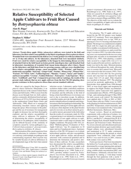 Relative Susceptibility of Selected Apple Cultivars to Fruit Rot Caused