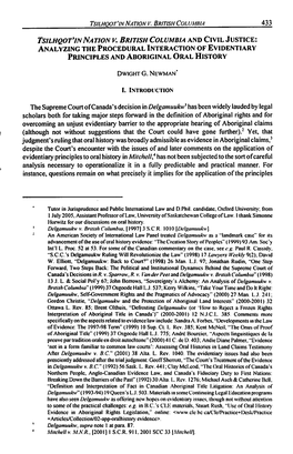 Tsilhqot'innation V. British Columbia and Civil Justice: Analyzing the Procedural Interaction of Evidentiary Principles and Aboriginal Oral History