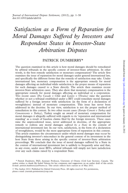 Satisfaction As a Form of Reparation for Moral Damages Suffered by Investors and Respondent States in Investor-State Arbitration Disputes