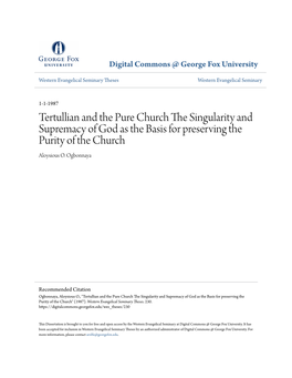 Tertullian and the Pure Church the Singularity and Supremacy of God