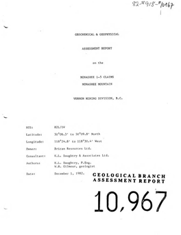 Geological Branch Assessment Report Table of Contents