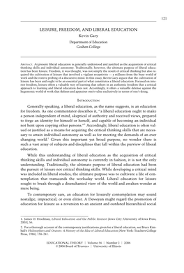 LEISURE, FREEDOM, and LIBERAL EDUCATION Kevin Gary Department of Education Goshen College